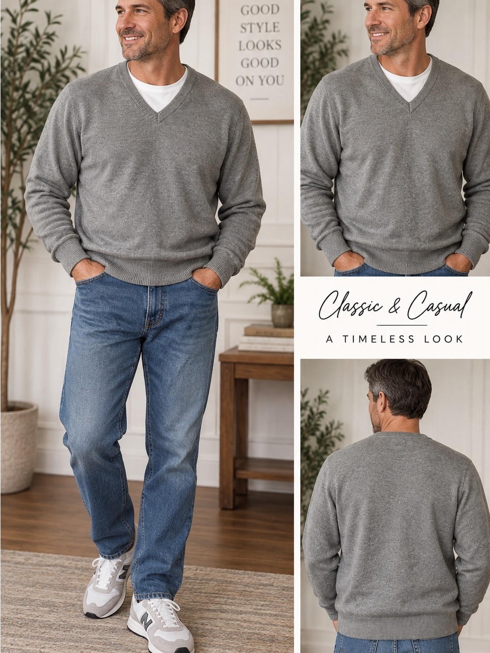 Vintage Jantzen Grey V-Neck Knit Pullover Sweater Classic Minimalist Dadcore